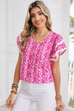 Pink Floral Print Ric Rac Tiered Ruffled V Neck Blouse