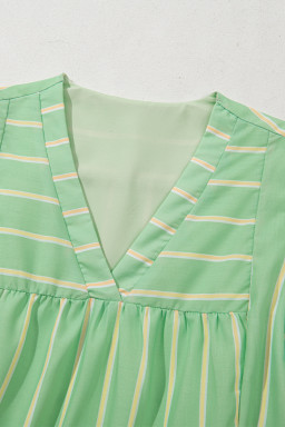 Green Striped V Neck Frill Tiered Mini Dress