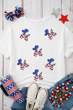 White Sequin USA Flag Balloon Puppy Graphic Drop Shoulder High Low Tee