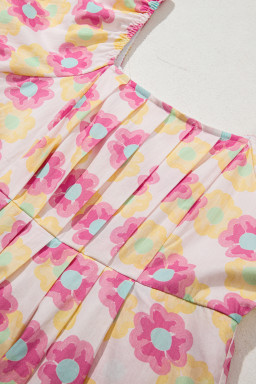 Rose Vibrant Floral Puff Sleeve Pleated Flared Mini Dress