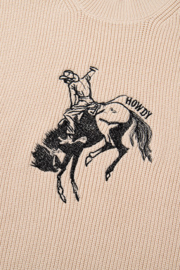 Oatmeal Cowboy Graphic High Neck Short Sleeve Knit Top