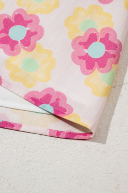 Rose Vibrant Floral Puff Sleeve Pleated Flared Mini Dress