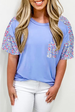 Sky Blue Floral Patchwork Chest Pocket Plus Size T Shirt