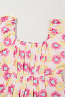 Rose Vibrant Floral Puff Sleeve Pleated Flared Mini Dress