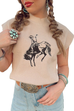 Oatmeal Cowboy Graphic High Neck Short Sleeve Knit Top