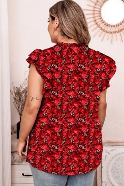 Red Floral Print Ruffle Sleeve Plus Size Top