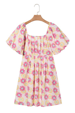 Rose Vibrant Floral Puff Sleeve Pleated Flared Mini Dress
