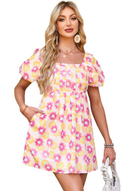 Rose Vibrant Floral Puff Sleeve Pleated Flared Mini Dress