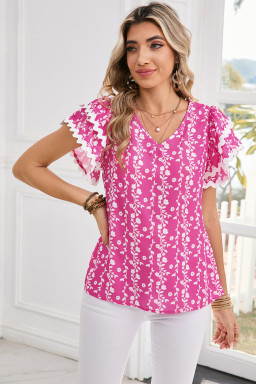 Pink Floral Print Ric Rac Tiered Ruffled V Neck Blouse