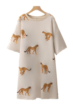 Apricot Plus Size Cheetah Print Side Pockets T Shirt Mini Dress