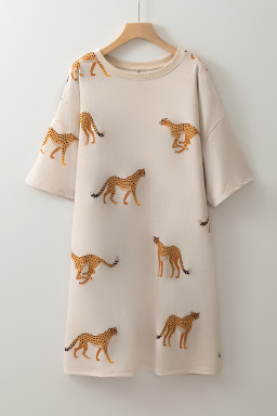 Apricot Plus Size Cheetah Print Side Pockets T Shirt Mini Dress