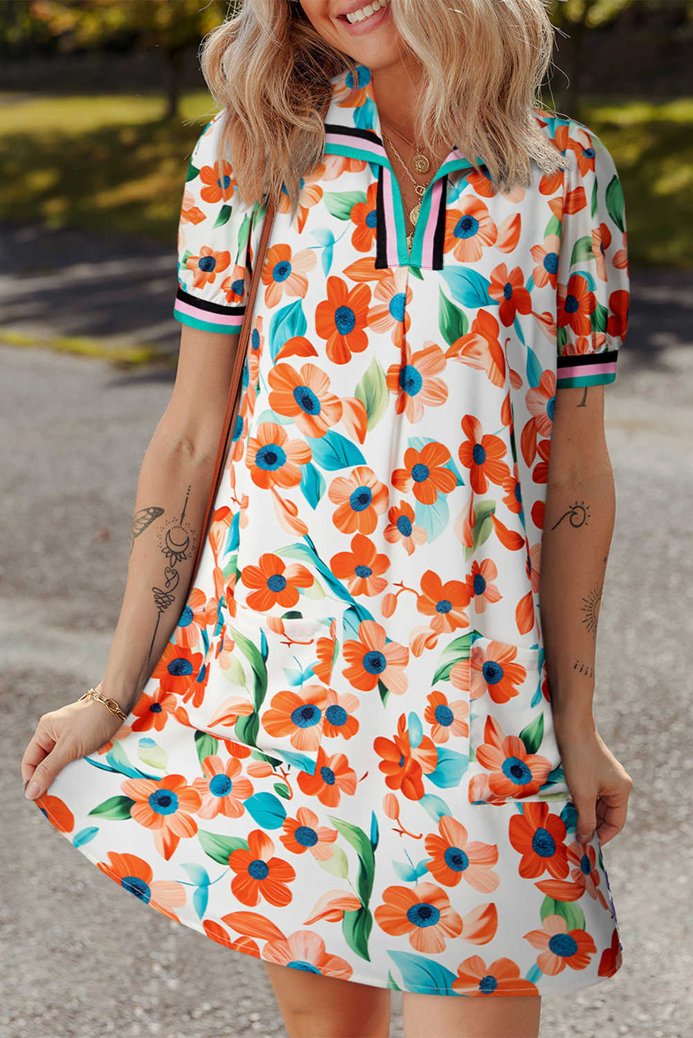 Orange Pop of Color Split Neck Puff Sleeve Floral Mini Dress