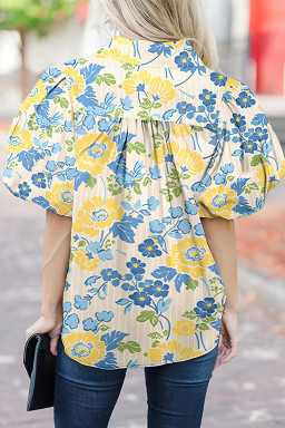 Blue Floral Striped Mixed Print Puff Sleeve Blouse