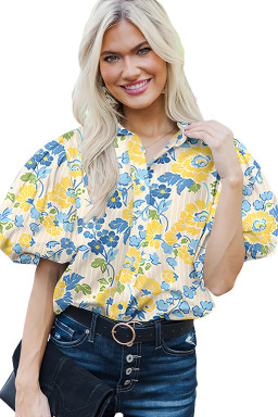 Blue Floral Striped Mixed Print Puff Sleeve Blouse