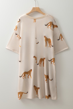 Apricot Plus Size Cheetah Print Side Pockets T Shirt Mini Dress