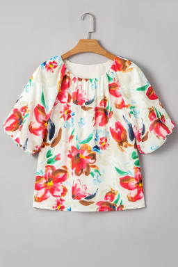 White Abstract Floral Print Puff Sleeve Blouse