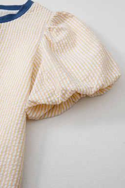 Beige Striped Print Puff Sleeve Textured Mini Dress
