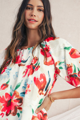 White Abstract Floral Print Puff Sleeve Blouse
