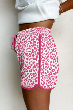 Pink Leopard Elastic Waist Lace up Contrast Trim Casual Shorts