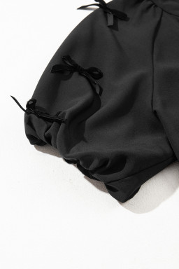 Black V Neck Bow Detail Puff Sleeve Blouse
