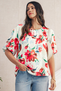 White Abstract Floral Print Puff Sleeve Blouse