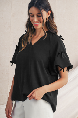 Black V Neck Bow Detail Puff Sleeve Blouse