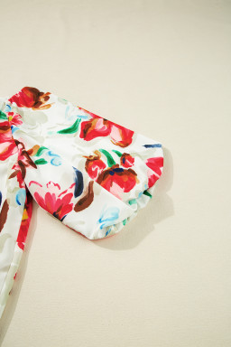 White Abstract Floral Print Puff Sleeve Blouse