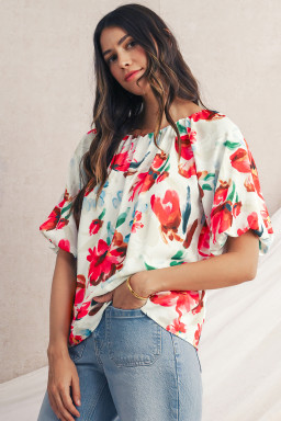 White Abstract Floral Print Puff Sleeve Blouse