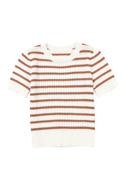 Khaki Striped Scalloped Edge Short Sleeve Knit Top