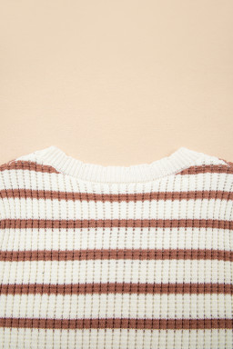 Khaki Striped Scalloped Edge Short Sleeve Knit Top