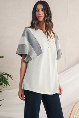 Light Grey Two Tone Contrast Waffle Knit Patched Buttoned V Neck Top