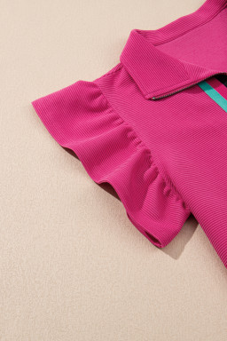 Strawberry Pink Flutter Sleeve Pop of Color Neckline Top and Shorts Set