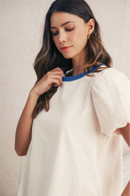 Beige Striped Print Puff Sleeve Textured Mini Dress