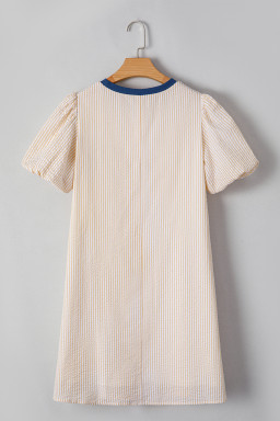 Beige Striped Print Puff Sleeve Textured Mini Dress