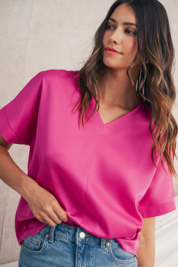 Bright Pink Plain V-Neck Dolman Sleeve Loose Top