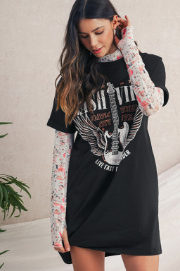 Black Nashville Guitar Print Mini T-Shirt Dress