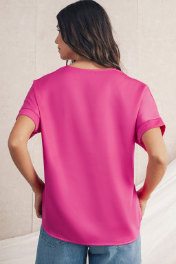 Bright Pink Plain V-Neck Dolman Sleeve Loose Top