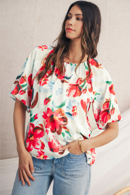 White Abstract Floral Print Puff Sleeve Blouse