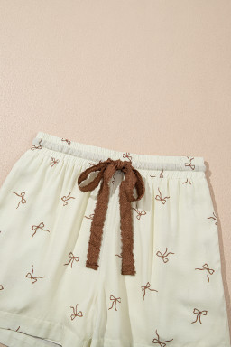 White Bow Pattern Lace Tie Elastic Waist Shorts