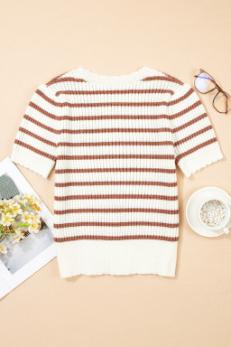 Khaki Striped Scalloped Edge Short Sleeve Knit Top