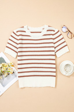 Khaki Striped Scalloped Edge Short Sleeve Knit Top