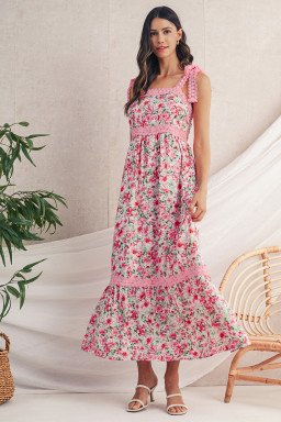 Pink Floral Lace Tied Strap Empire Waist Maxi Dress