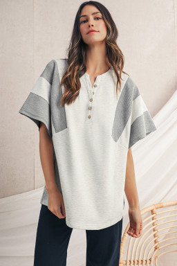 Light Grey Two Tone Contrast Waffle Knit Patched Buttoned V Neck Top