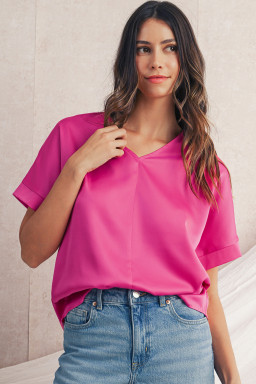 Bright Pink Plain V-Neck Dolman Sleeve Loose Top