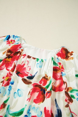 White Abstract Floral Print Puff Sleeve Blouse