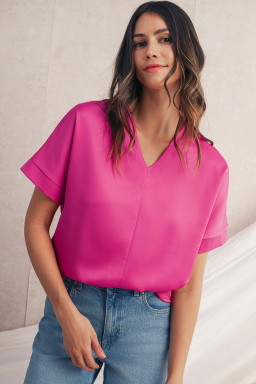 Bright Pink Plain V-Neck Dolman Sleeve Loose Top