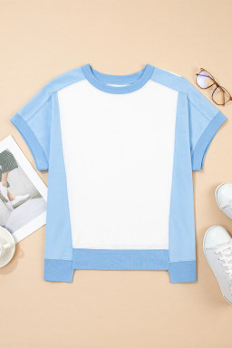 Sky Blue Colorblock Exposed Seam Patchwork Crew Neck T Shirt
