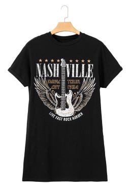 Black Nashville Guitar Print Mini T-Shirt Dress