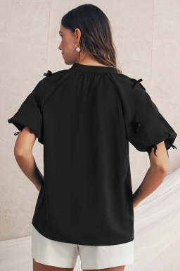 Black V Neck Bow Detail Puff Sleeve Blouse