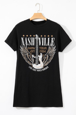 Black Nashville Guitar Print Mini T-Shirt Dress